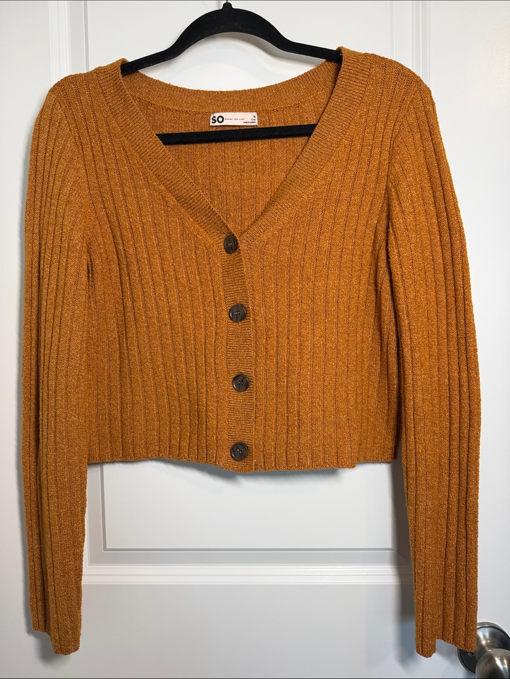 SO Ribbed V-Neck Cropped Cardigan Sweater - Mustard Brown